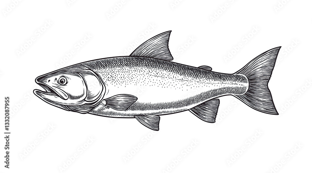 Obraz premium Fish sketch salmon trout. Vintage retro print, black white salmon trout fish sketch ink pencil style drawing, linear drawing, engrave old school. Sketch artwork salmon trout fish. Illustration