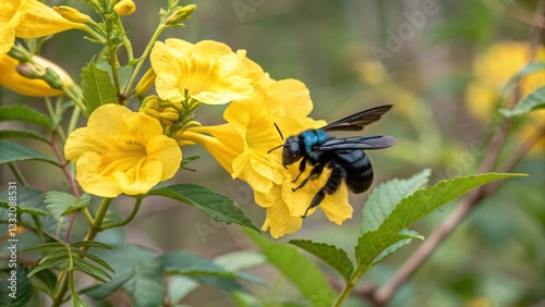Violet Carpenter Bee on Yellow Flowe photo