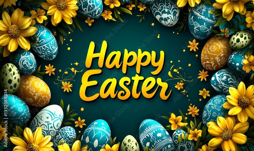 Fototapeta premium Colorful Easter eggs and flowers create a festive decoration for the holiday season