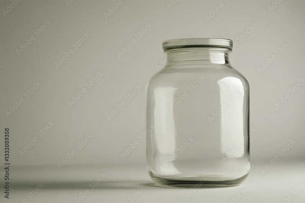 A clear empty glass jar sitting on a white surface A clear empty glass jar sitting on a white surface