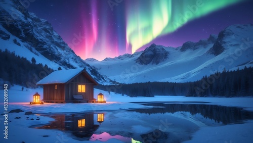 Peaceful Anime Background with Snow, Cabin, and Aurora Lights