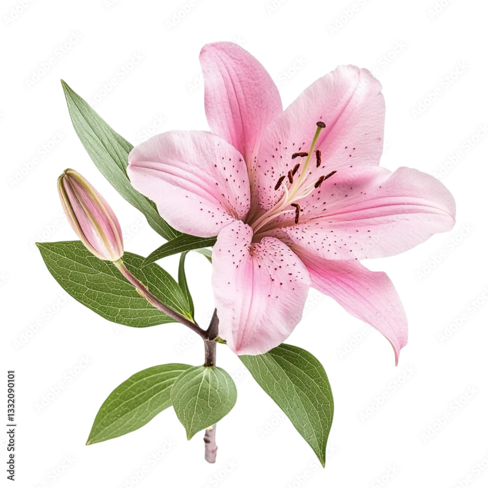 Naklejka premium Pink Lily Flower Bloom Nature Beauty Botanical Floral Petal Green Leaf,