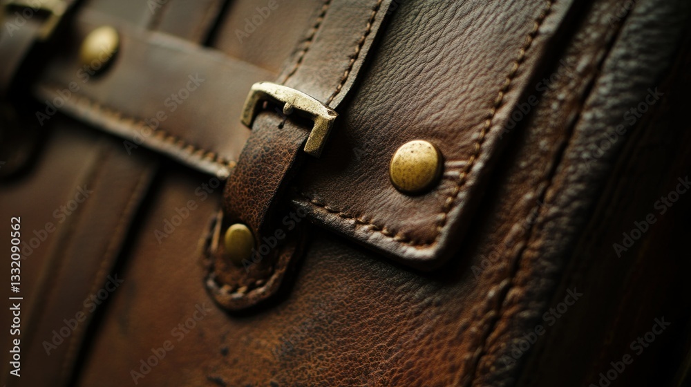 Close up image shows detail of a brown leather bag Close up image shows detail of a brown leather bag
