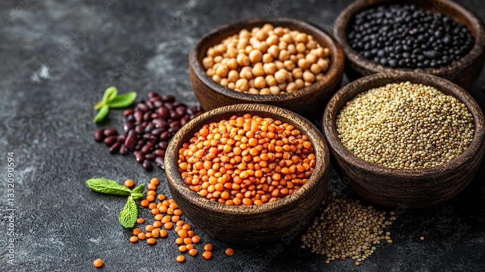 Various colorful legumes displayed inside small wooden bowls on stone Various colorful legumes displayed inside small wooden bowls on stone