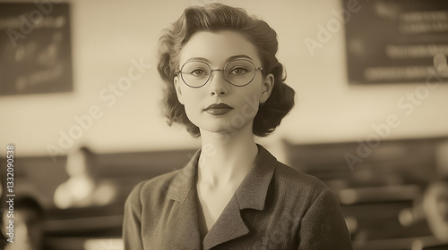 Sepia Portrait of Young Woman with Heart Shaped Glasses and Patterned Blouse