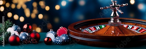 Festive Casino Roulette - Christmas ornaments and a roulette wheel create a festive gambling scene. Perfect for holiday promotions or casino marketing
