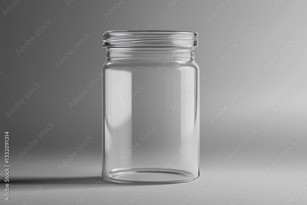 A clear glass jar standing upright with a textured rim A clear glass jar standing upright with a textured rim