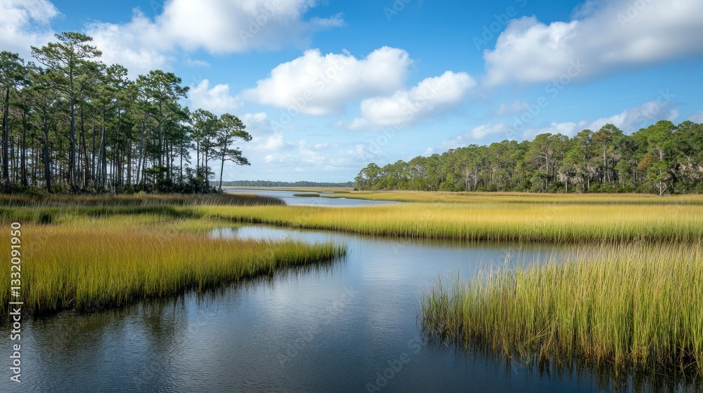 A beautiful marsh landscape with water trees and fluffy clouds A beautiful marsh landscape with water trees and fluffy clouds