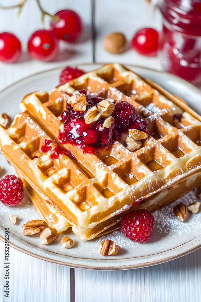 Delicious Golden Waffles with Berry Sauce and Pecans