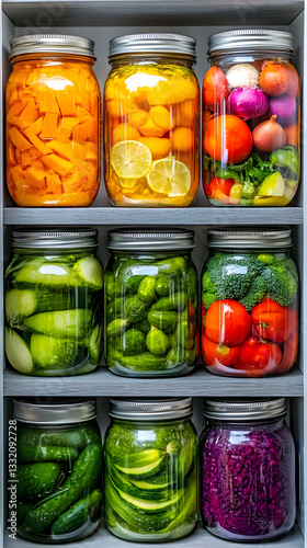 Colorful jars of preserved vegetables and fruits display a variety of pickled and canned goods in a kitchen on a sunny afternoon