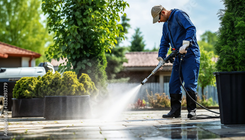 Professional cleaning service worker pressure washing backyard patio stones