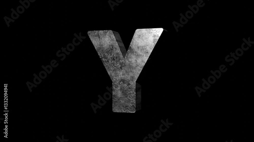 Dynamic 3D alphabet letter Y animation, Iron Metal grunge textured surface. high-contrast crack pattern. 3D render reveal and out. Perfect for cinematic intro, title sequences or branding project.