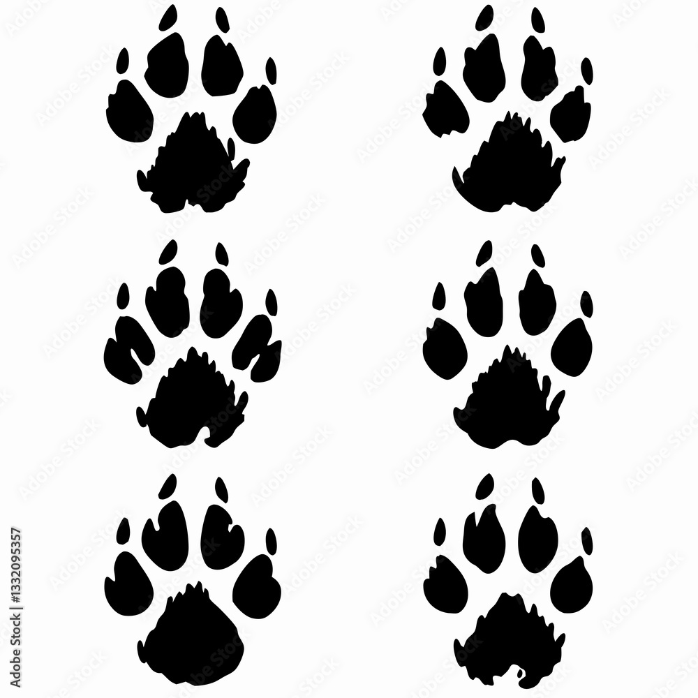 Fototapeta premium Mysterious Animal Tracks In The Wild, A Series Of Bold Black Paw Prints Against A Stark Isolated on Transparent Background