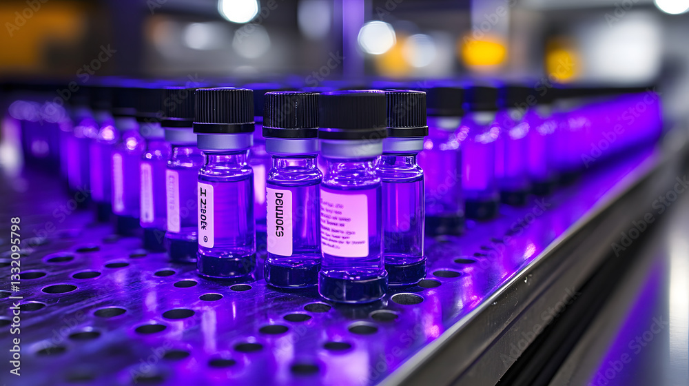 Ultraviolet Testing: A close-up shot showcases rows of vials under ultraviolet light in a controlled laboratory environment. Ultraviolet Testing: A close-up shot showcases rows of vials under ultraviolet light in a controlled laboratory environment.