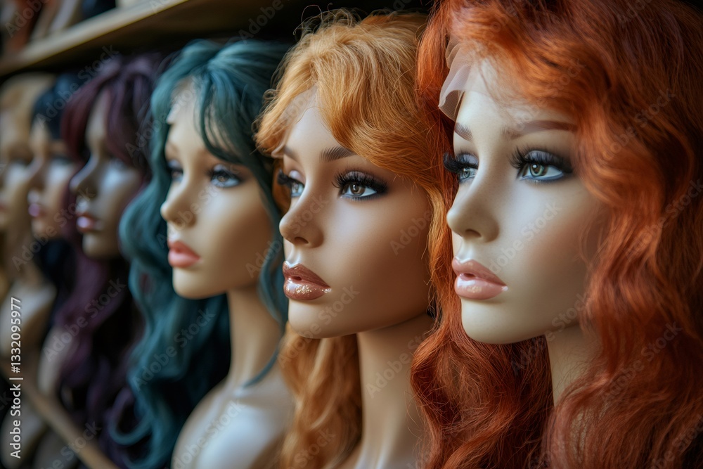 Mannequins wearing colorful wigs in a hair salon showcase Mannequins wearing colorful wigs in a hair salon showcase