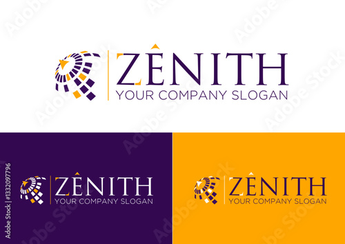 zenith zenite logo sun peak acme world globe arrow design purple yellow visual identiy