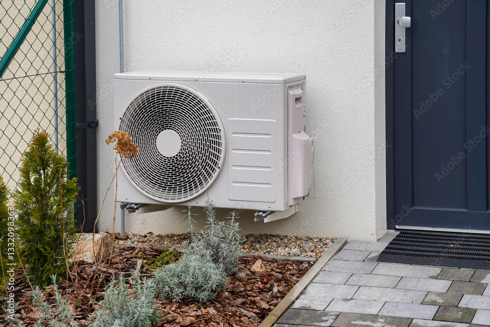 Modern house with heat pump, efficient heating with green energy concept