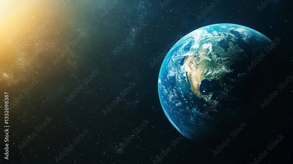 Fototapeta premium Earth View From Space with Starry Background and Sun Flare
