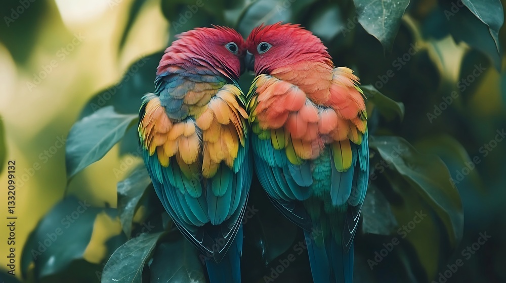 Fototapeta premium Pair of lovebirds nestled together on a vine their feathers a dazzling array of tropical colors