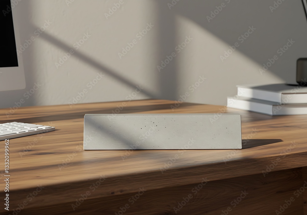 Concrete Nameplate Holder on Wood Desk with Computer and Books Concrete Nameplate Holder on Wood Desk with Computer and Books