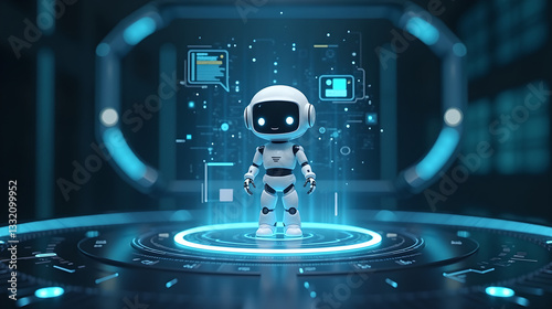 a 3D-rendered holographic chatbot floating above a futuristic control panel