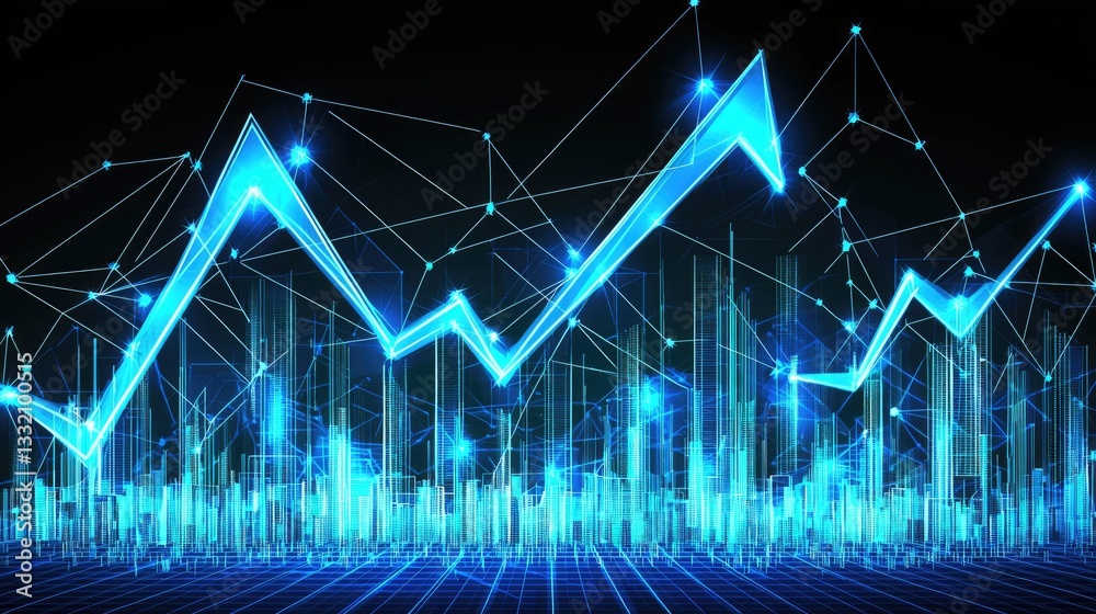 Naklejka premium Abstract blue tech chart overlaying city with a dark background for business or advertising