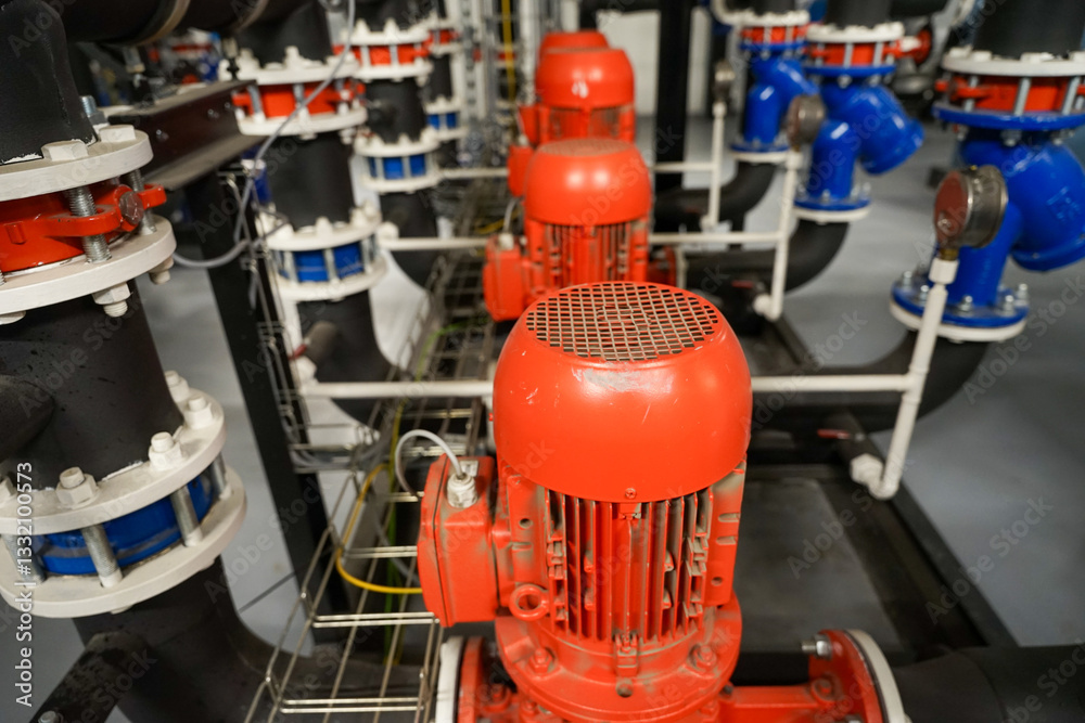 Row of industrial pumps used for refrigeration application to transport coolant, indrustrial refrigeration concept