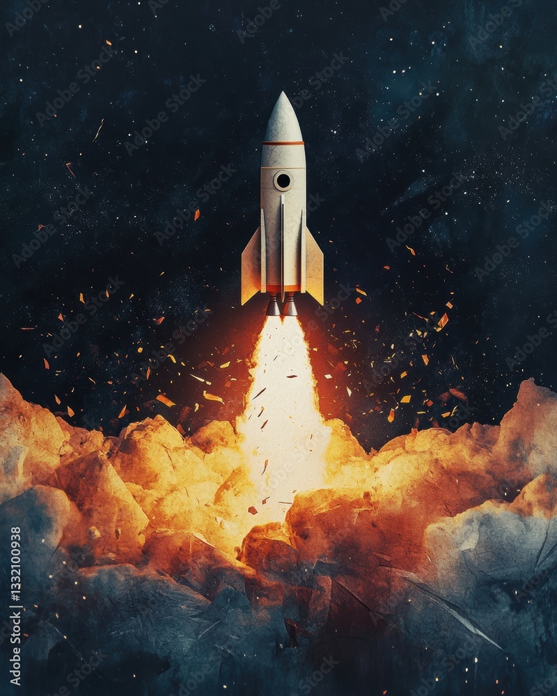 Naklejka premium Rocket Launching Into Space with Bright Flames and Dark Sky