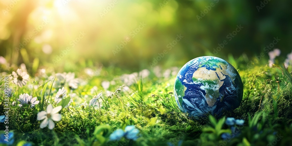 Earth Globe Resting in a Lush Green Meadow with Flowers Earth Globe Resting in a Lush Green Meadow with Flowers
