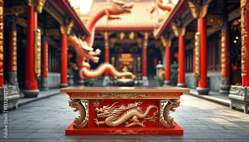 Chinese National Day product display background podium, Dragon’s Glory, red and gold podium, dragon carvings, temple courtyard, red pillars, golden calligraphy, elegant dragon, ad podium platform photo