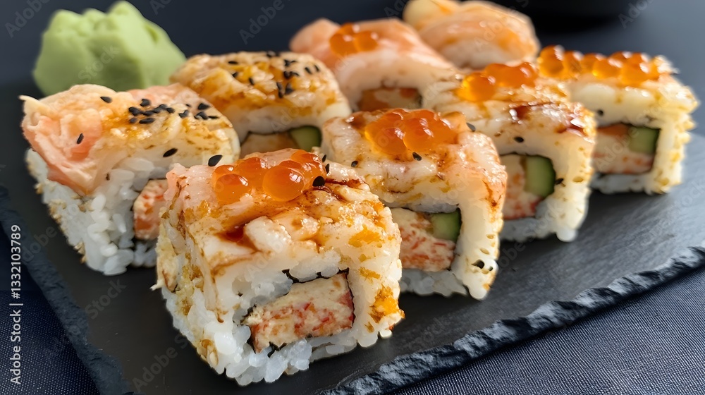 Delicious Sushi Rolls with Crab, Salmon, and Tobiko Delicious Sushi Rolls with Crab, Salmon, and Tobiko