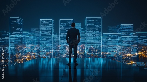 A visionary businessman stands confidently on a futuristic network city skyline, surrounded by glowing data streams and holographic interfaces, high-tech architecture, neon reflections, cybernetic