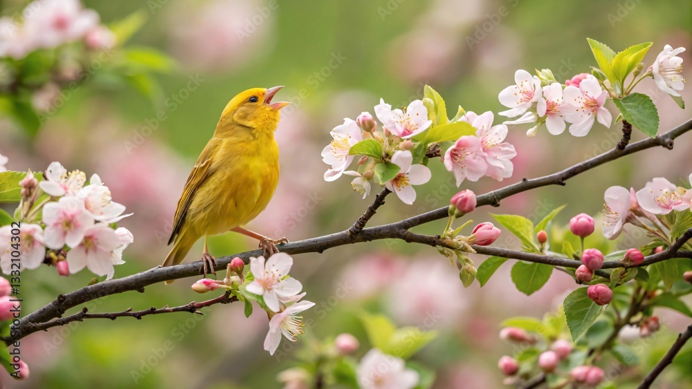 Yellow Warbler Singing on Blossoming Branch Yellow Warbler Singing on Blossoming Branch