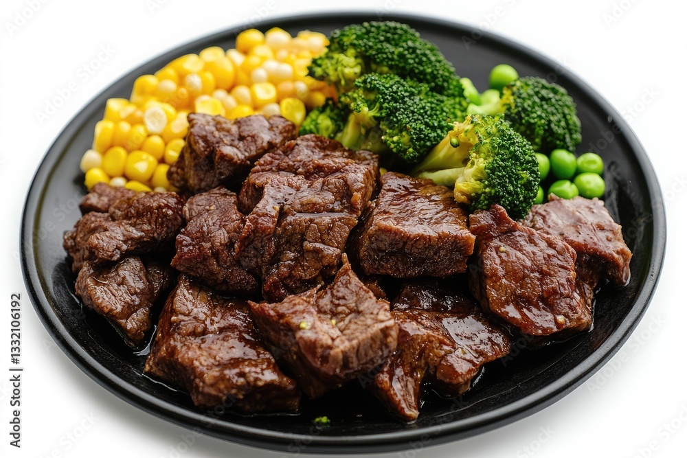 A plate of large chunks of cooked marinated beef is placed on a black plate. Corn, broccoli and peas are regularly distributed along the edge of the plate. 