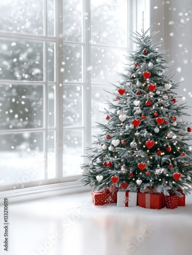 Winter Wonderland Christmas Tree - A snow-covered Christmas tree adorned with red and white hearts sits by a window, showcasing a winter scene. Presents are placed at its base