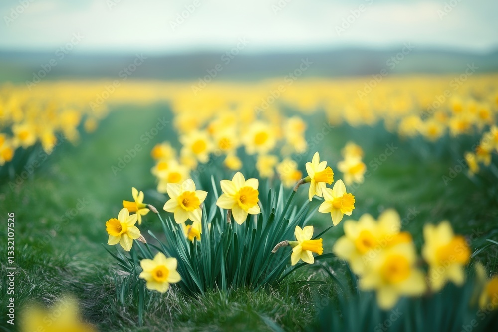 A vibrant field filled with blooming yellow daffodils, showcasing their bright petals against a soft green background in a serene natural setting A vibrant field filled with blooming yellow daffodils, showcasing their bright petals against a soft green background in a serene natural setting