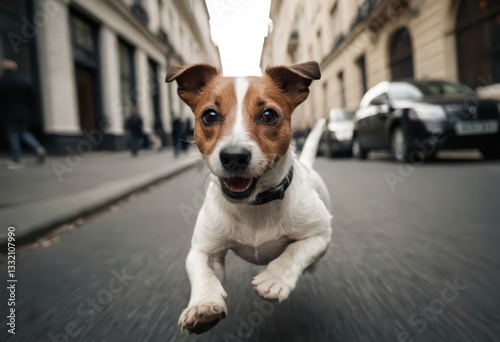 Fototapeta Naklejka Na Ścianę i Meble -  jack russel terrier running outdoors in the street of a city, citylife urban