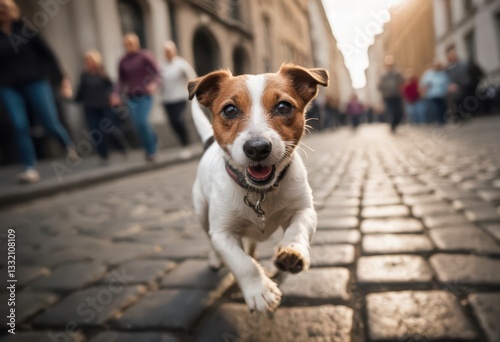 Fototapeta Naklejka Na Ścianę i Meble -  jack russel terrier running outdoors in the street of a city, citylife urban