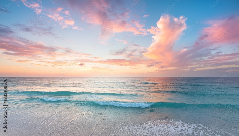 Fototapeta premium Breathtaking pastel-colored sunset over the tranquil ocean, with soft gentle waves lapping the shore and fluffy clouds drifting across the colorful sky