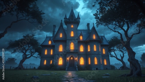 Spooky Anime Background with Glowing Mansion and Dark Clouds