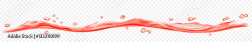 Long translucent water wave with drops, in red colors, isolated on transparent background. Transparency only in vector file