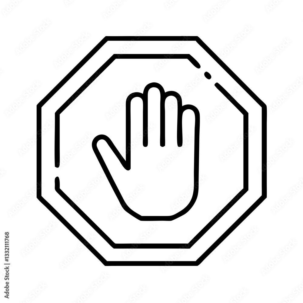 Black and white stop sign with hand symbol line art Black and white stop sign with hand symbol line art