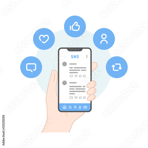 スマホ画面とSNSの反応イラスト　いいね・フォロー・シェア・コメント・リポスト