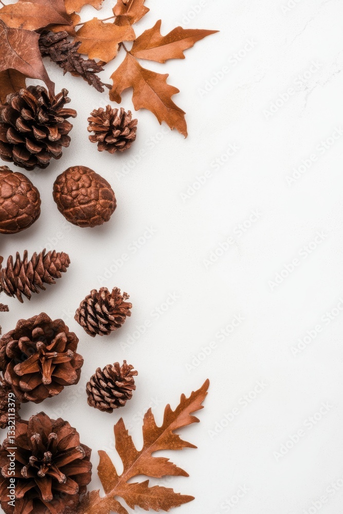 Autumnal Arrangement of Pine Cones and Leaves on a White Surface Autumnal Arrangement of Pine Cones and Leaves on a White Surface