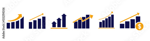 Graph going up sign with arrows vector. Growth bar chart solid icon set vector design. Simple grow, chart, increase vector illustration