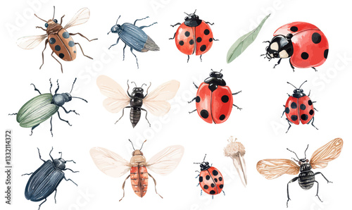 Watercolor Vector Insects Set with Ladybugs in Minimalist Style for Nature and Art Projects