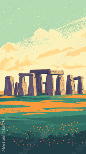 Retro Stonehenge Travel Poster: European Summer Vacation Vintage Illustration