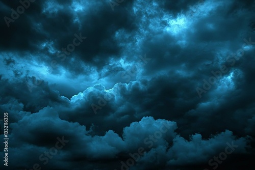 Black dark greenish blue dramatic night sky. Gloomy ominous storm rain clouds background. Cloudy thunderstorm hurricane wind lightning. Epic fantasy mystic.