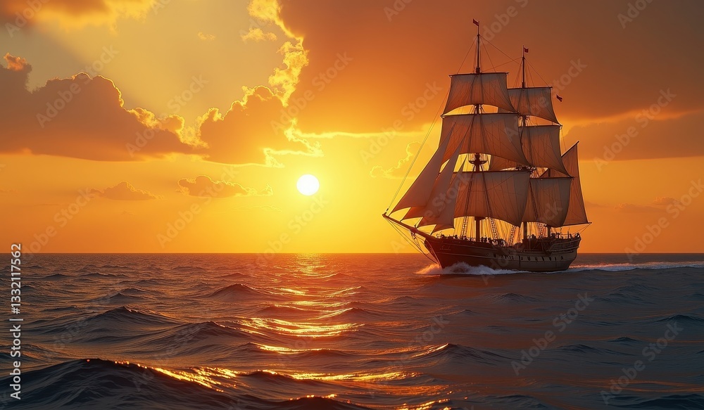 Obraz premium Vernal Equinox: Ocean Sunset Sailboat Photo Inspiration. A ship sailing in the ocean at sunset.