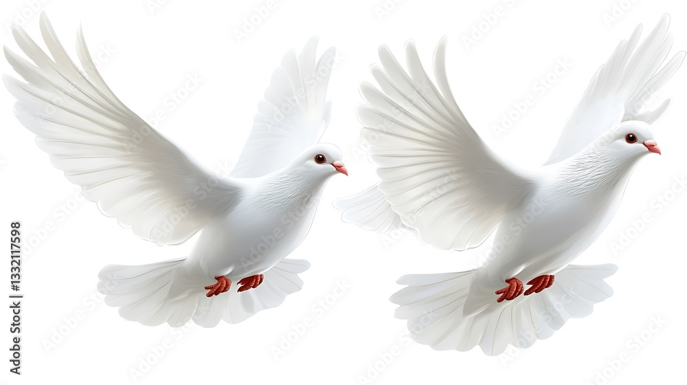 Fototapeta premium Two beautiful white doves are in graceful midflight animation
